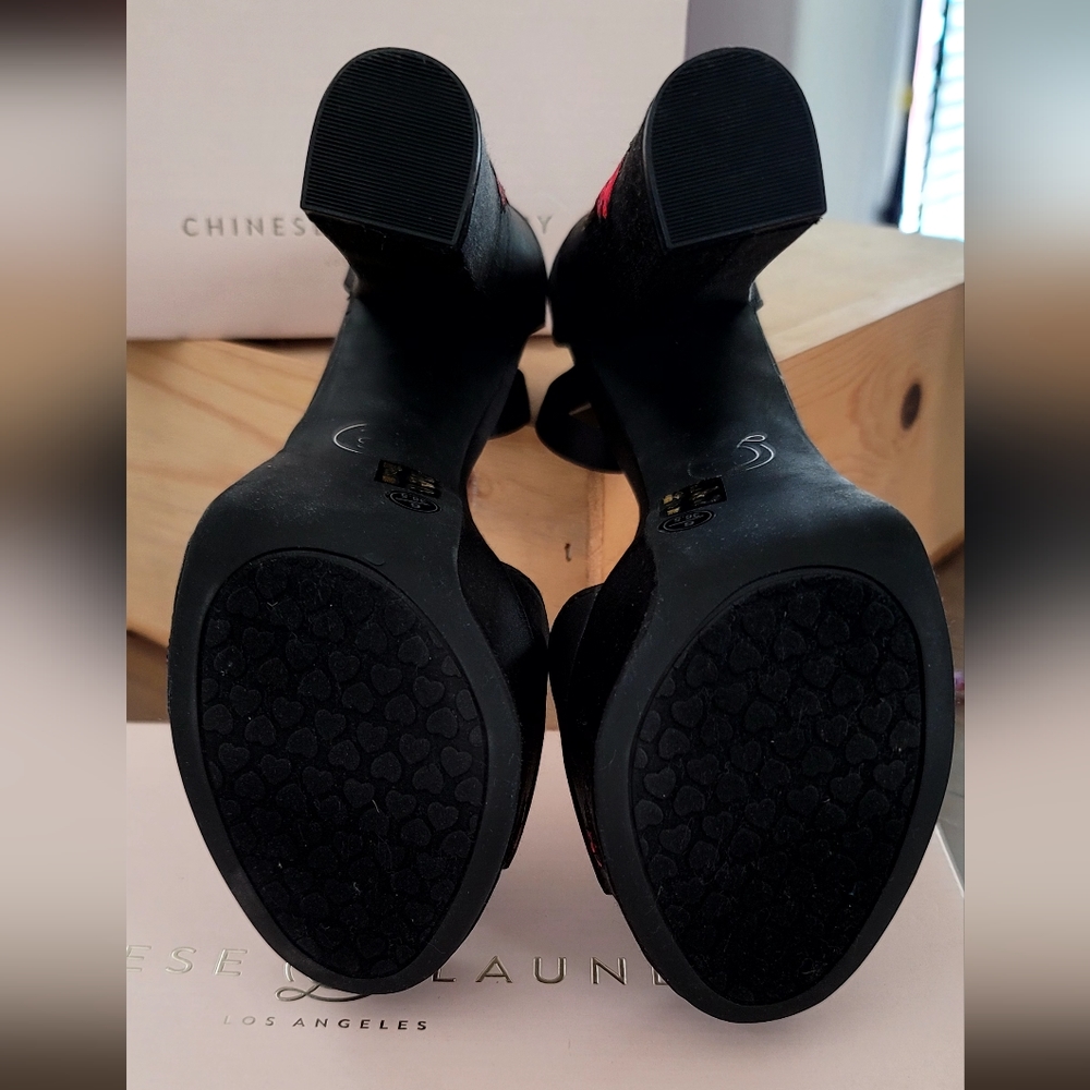 Chinese Laundry Amy Black Satin Embroidered Platform Heels - Picture 5 of 9